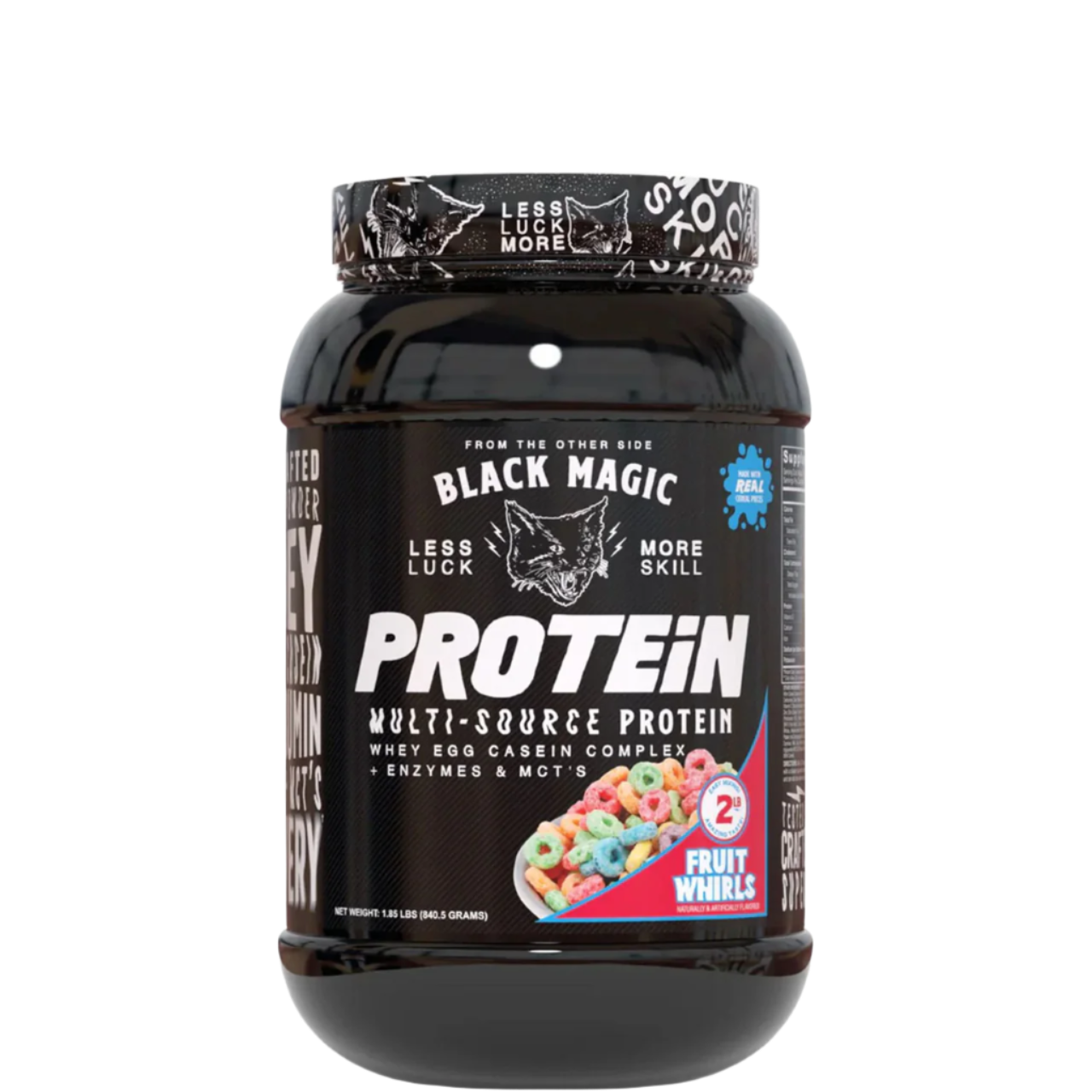 A container of Black Magic Supply Multi-Source Protein powder with a label showing the product name and an image of a shaker cup with the same brand.