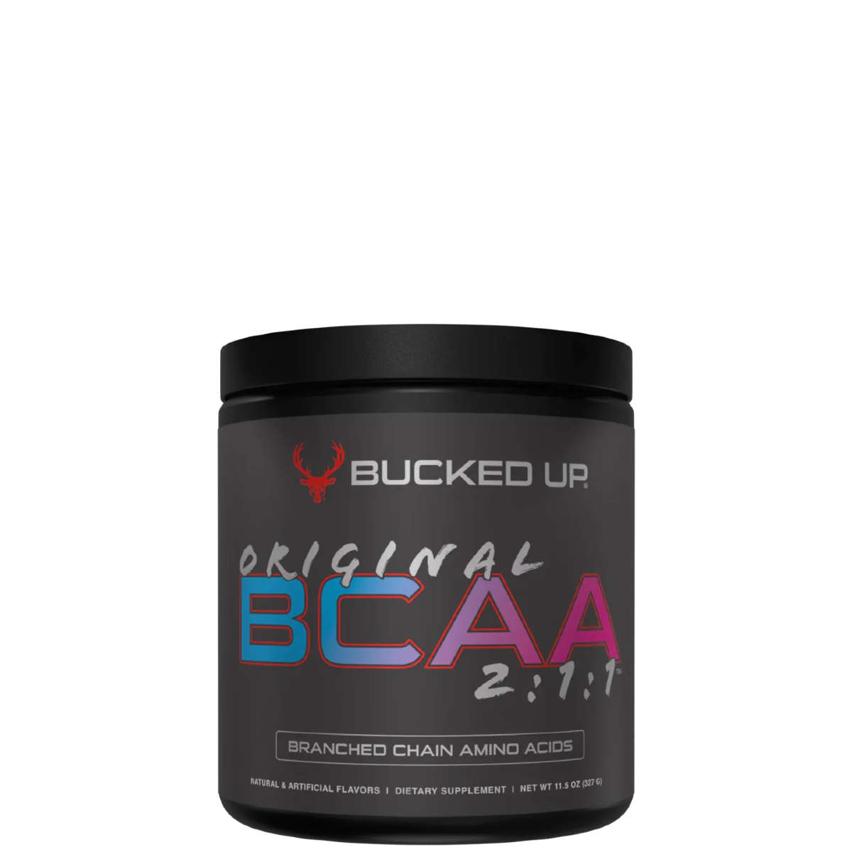 A container of Bucked Up Original BCAA supplement powder with the text 'BRANCHED CHAIN AMINO ACIDS' and the ratio '2:1:1' displayed on the front.