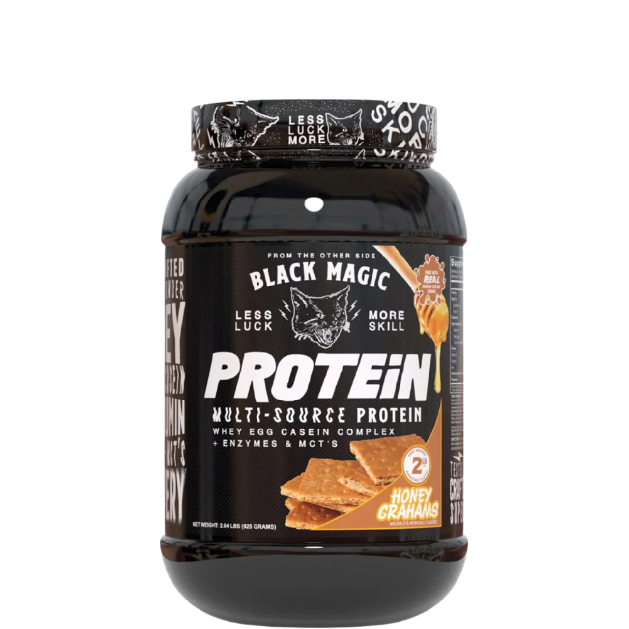 A container of Black Magic Supply Multi-Source Protein powder with a label showing the product name and an image of a shaker cup with the same brand.