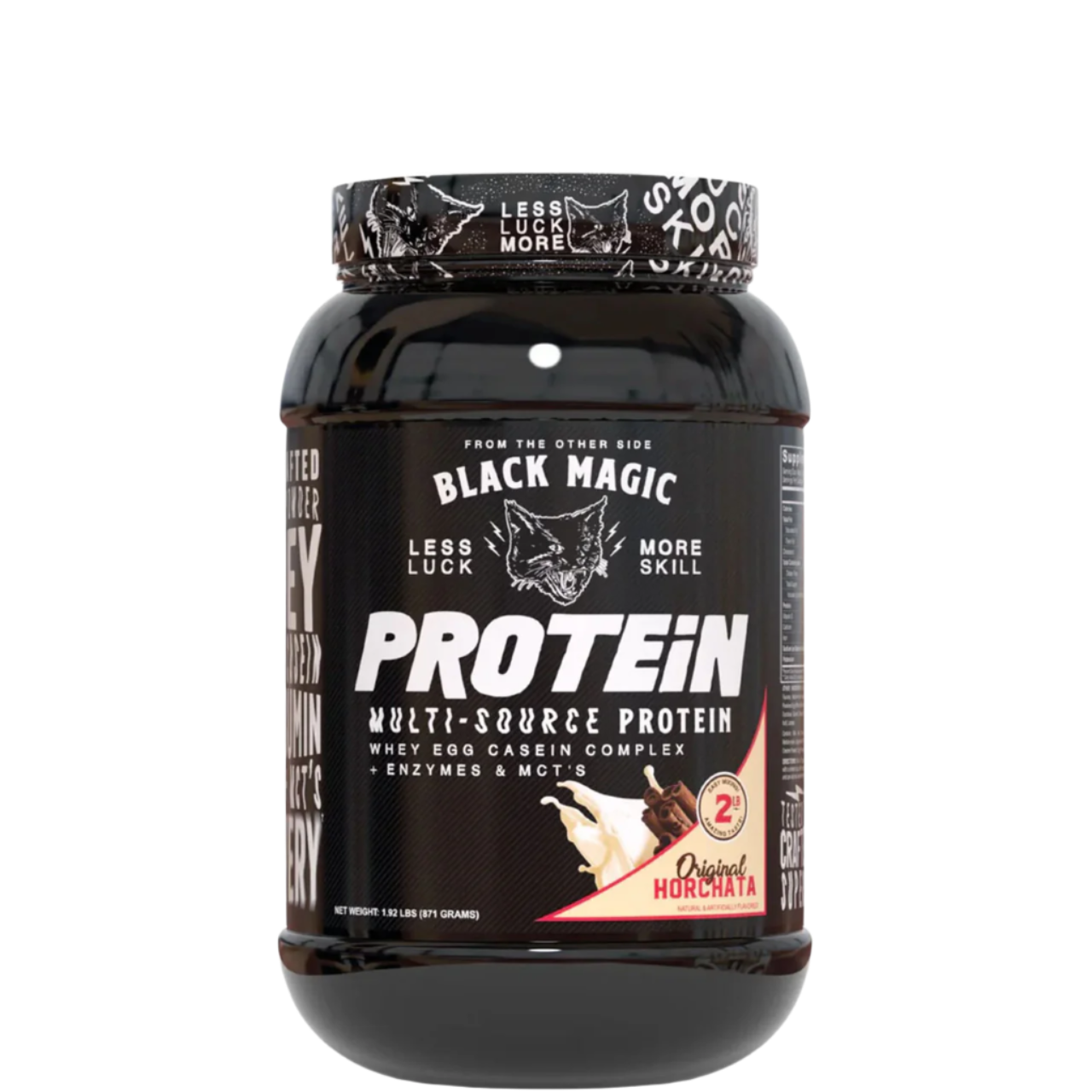 A container of Black Magic Supply Multi-Source Protein powder with a label showing the product name and an image of a shaker cup with the same brand.
