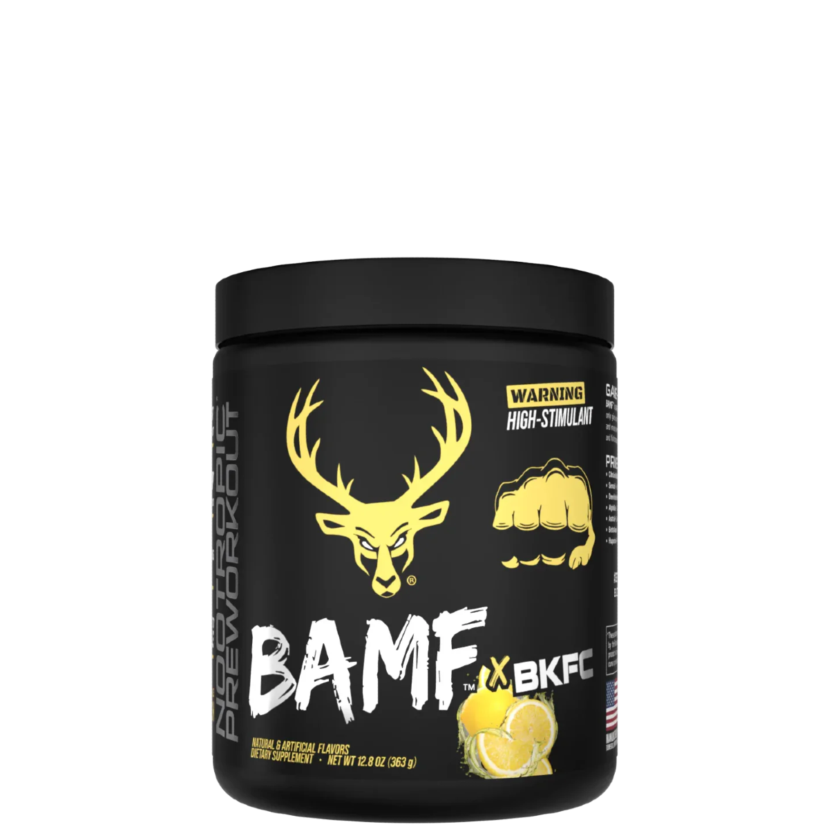 Container of BAMF High Stimulant Nootropic Pre-Workout with colorful graphics and text indicating the product's benefits for focus, energy, and mental sharpness.