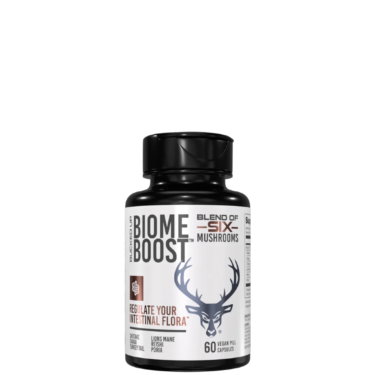 A bottle of Biome Boost supplement with a label featuring a deer illustration and text indicating the product is a blend of six mushrooms for regulating intestinal flora.