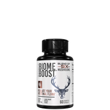 A bottle of Biome Boost supplement with a label featuring a deer illustration and text indicating the product is a blend of six mushrooms for regulating intestinal flora.