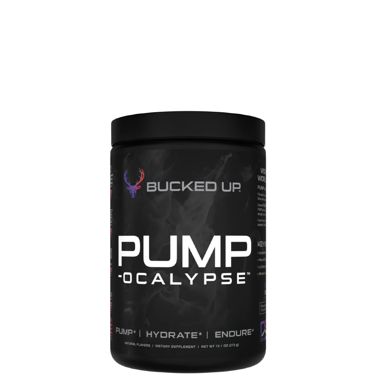 A container of PUMP-OCALYPSE supplement with an illustrated character on the label.