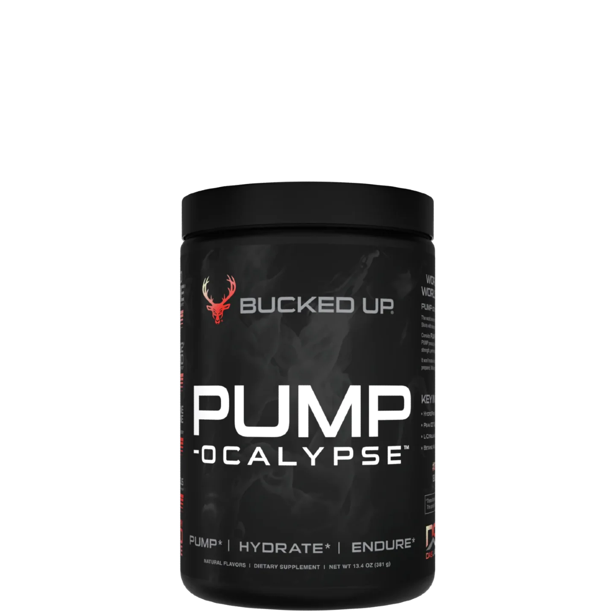 A container of PUMP-OCALYPSE supplement with an illustrated character on the label.