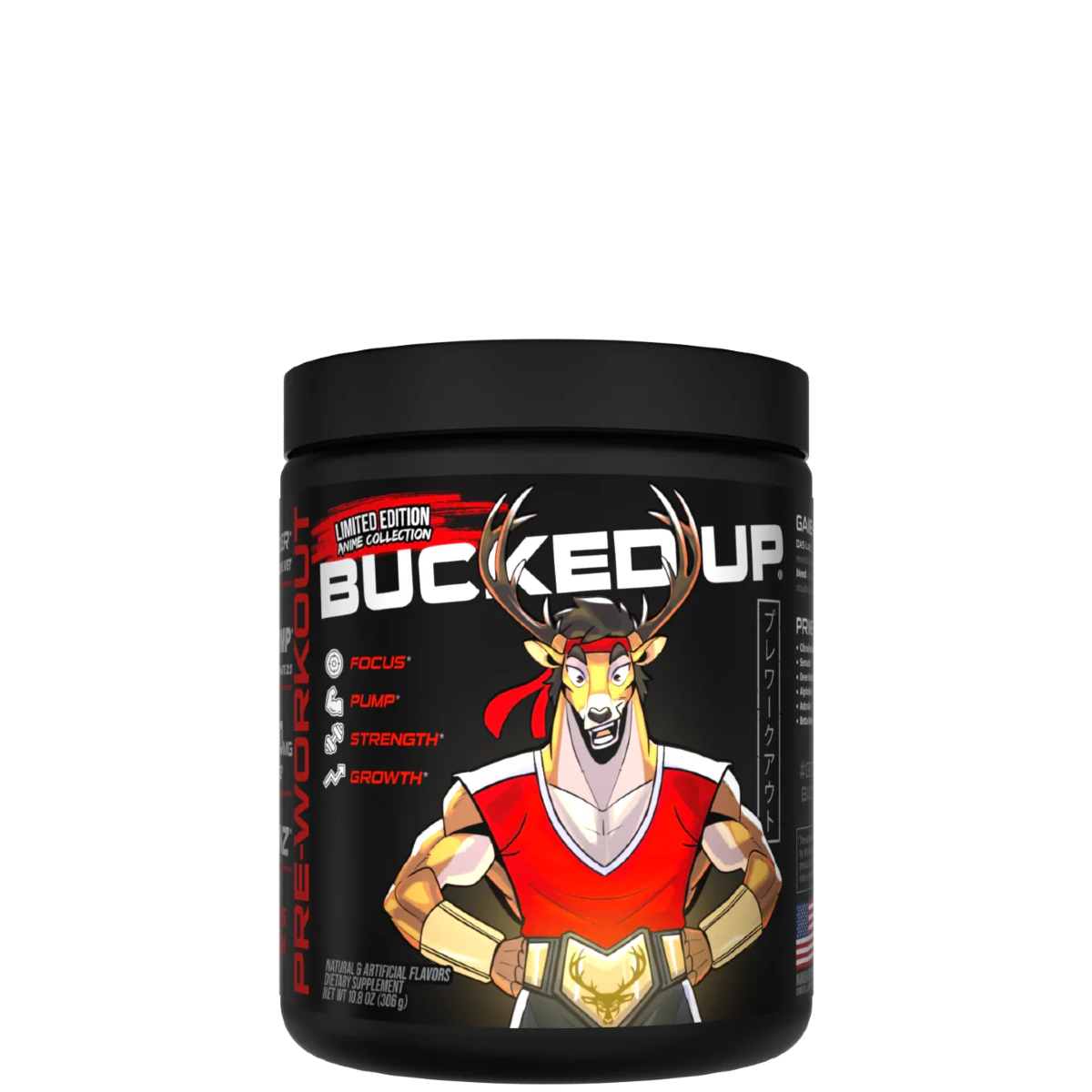 A container of Bucked Up Pre-Workout supplement with a black background featuring a white silhouette of a deer and text indicating the product name and flavor, along with icons suggesting energy and focus.