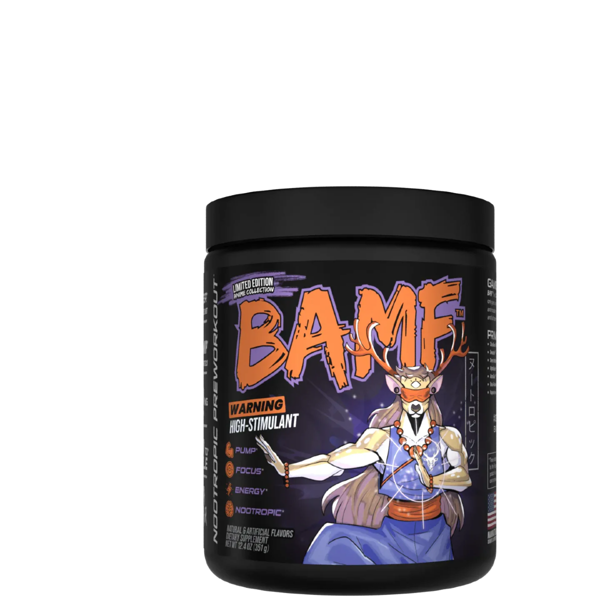 Container of BAMF High Stimulant Nootropic Pre-Workout with colorful graphics and text indicating the product's benefits for focus, energy, and mental sharpness.