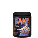 Container of BAMF High Stimulant Nootropic Pre-Workout with colorful graphics and text indicating the product's benefits for focus, energy, and mental sharpness.