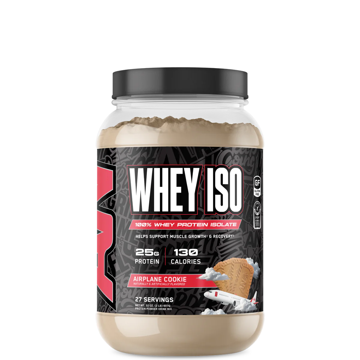 A container of ABE ISO Whey Protein Isolate with a label showing 'WHEY ISO' and the flavor 'ICE CREAM SANDWICH'. The container is white with black and blue text and design elements.