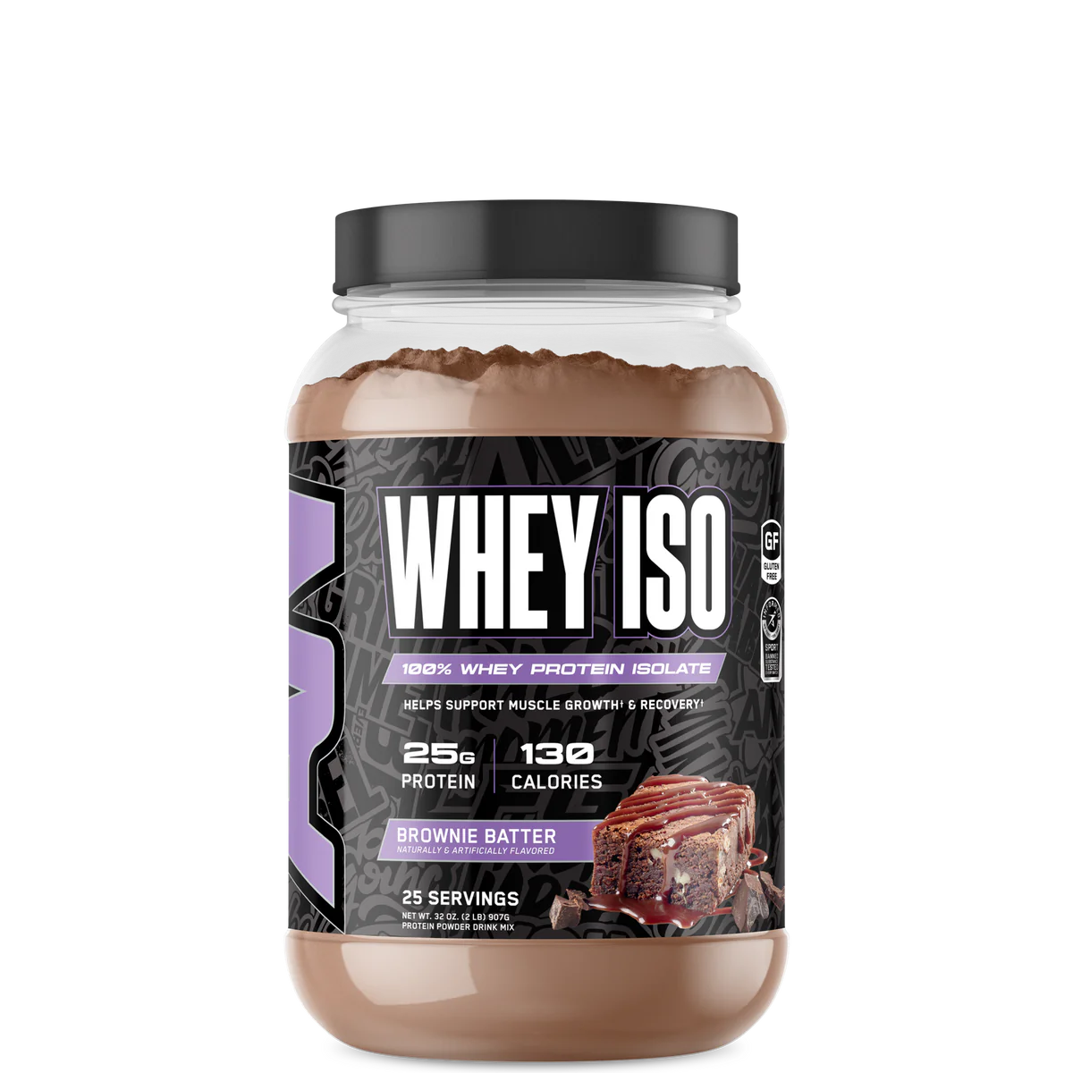 A container of ABE ISO Whey Protein Isolate with a label showing 'WHEY ISO' and the flavor 'ICE CREAM SANDWICH'. The container is white with black and blue text and design elements.