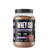 A container of ABE ISO Whey Protein Isolate with a label showing 'WHEY ISO' and the flavor 'ICE CREAM SANDWICH'. The container is white with black and blue text and design elements.