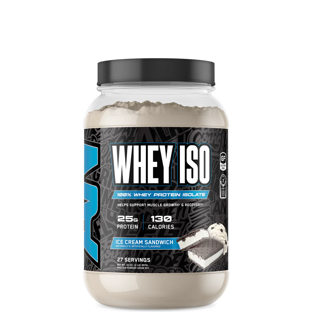 A container of ABE ISO Whey Protein Isolate with a label showing 'WHEY ISO' and the flavor 'ICE CREAM SANDWICH'. The container is white with black and blue text and design elements.