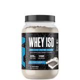 A container of ABE ISO Whey Protein Isolate with a label showing 'WHEY ISO' and the flavor 'ICE CREAM SANDWICH'. The container is white with black and blue text and design elements.