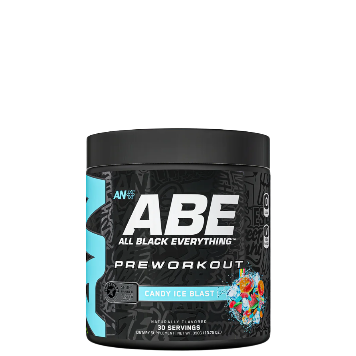 Container of ABE Ultimate Pre-Workout supplement with a graphic of a person working out on the front, and the flavor 'Baddy Berry' indicated.