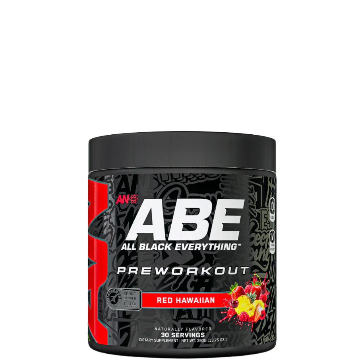 Container of ABE Ultimate Pre-Workout supplement with a graphic of a person working out on the front, and the flavor 'Baddy Berry' indicated.