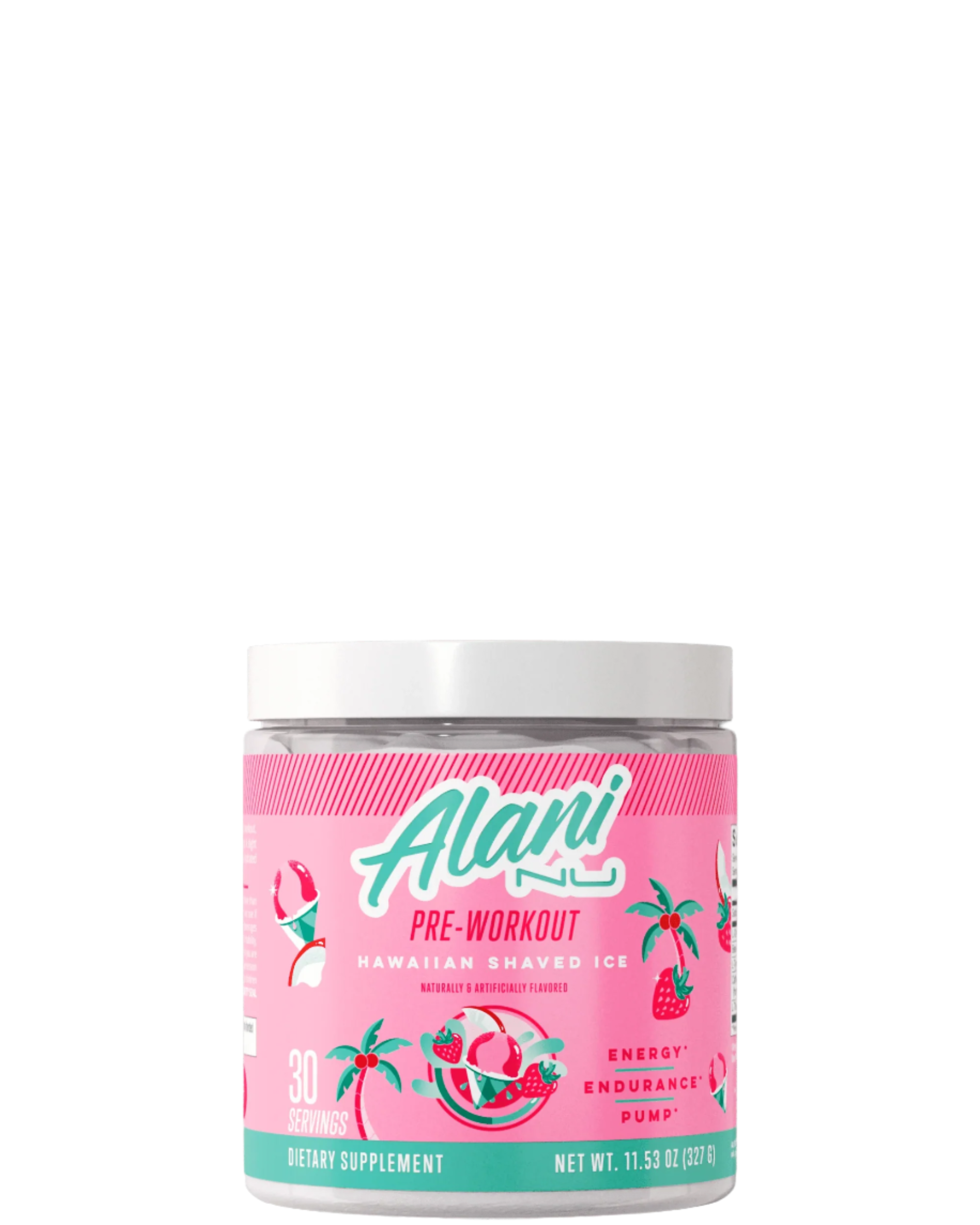 A container of Alani Nu Pre-Workout Powder in Galaxy Lemonade flavor, with pink and purple label design featuring lemonade graphics.