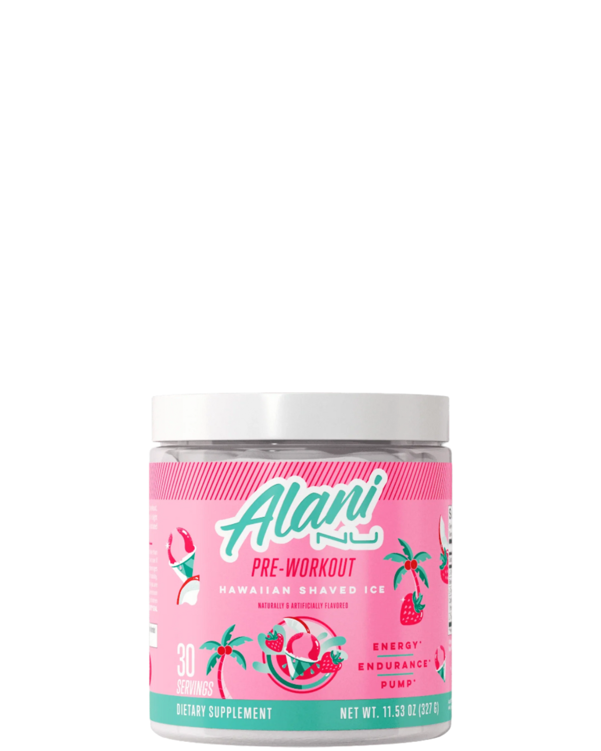 A container of Alani Nu Pre-Workout Powder in Galaxy Lemonade flavor, with pink and purple label design featuring lemonade graphics.