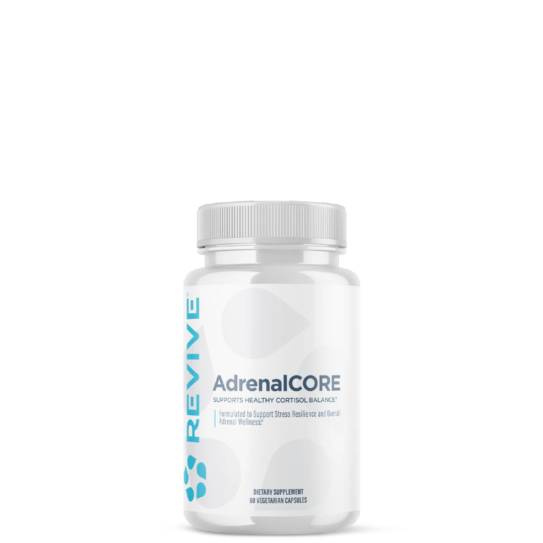 A clear bottle with a white label that reads 'AdrenalCORE' and is branded by Revive Supplements.