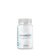 A clear bottle with a white label that reads 'AdrenalCORE' and is branded by Revive Supplements.