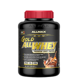 A container of ALLMAX Gold AllWhey premium whey protein powder with a red cap and a label showing the product name and flavors such as Chocolate, Cookies & Cream, and Strawberry.