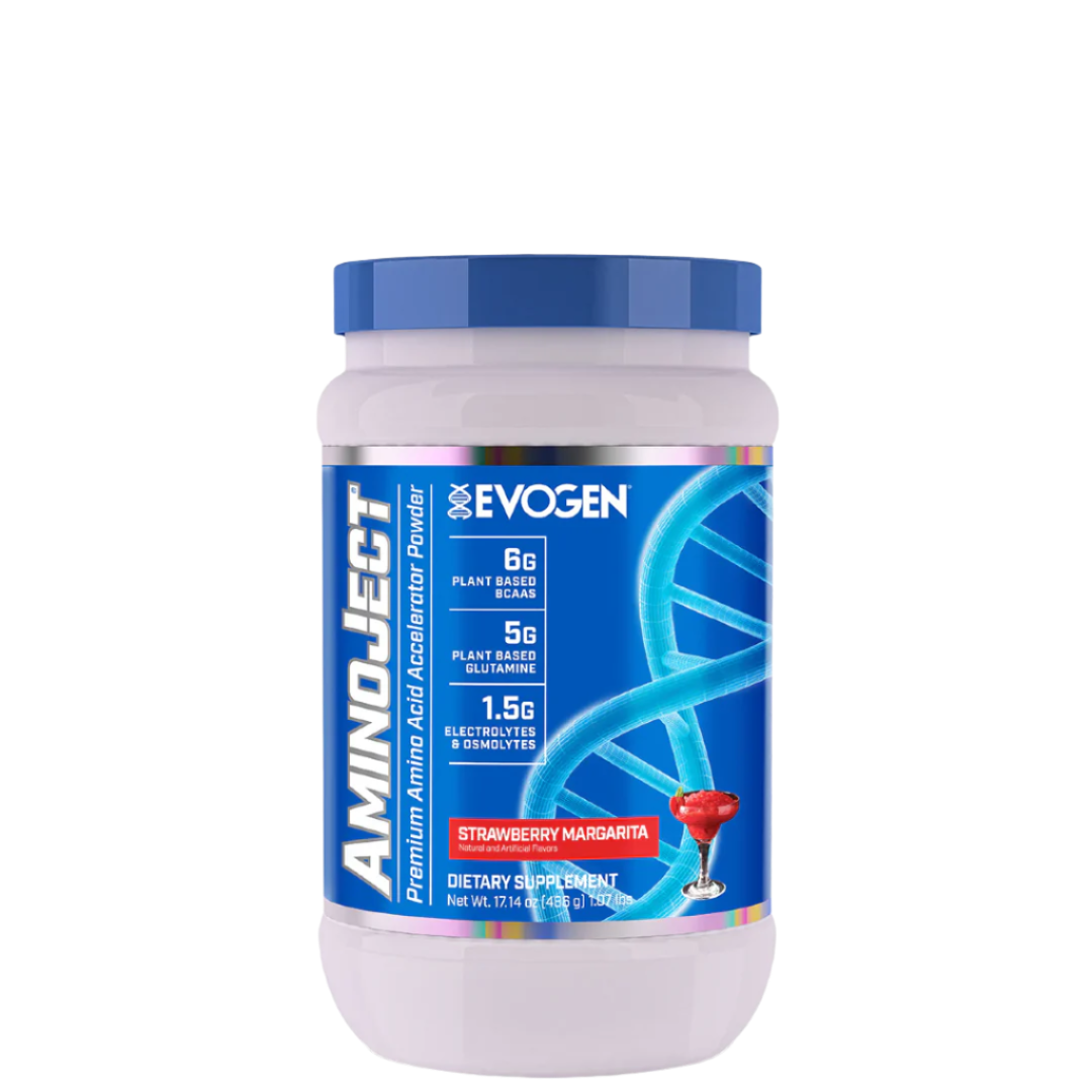 A container of Evogen Nutrition AminoJect BCAA supplement with blue raspberry flavor, featuring a blue and white color scheme with branding and product information.