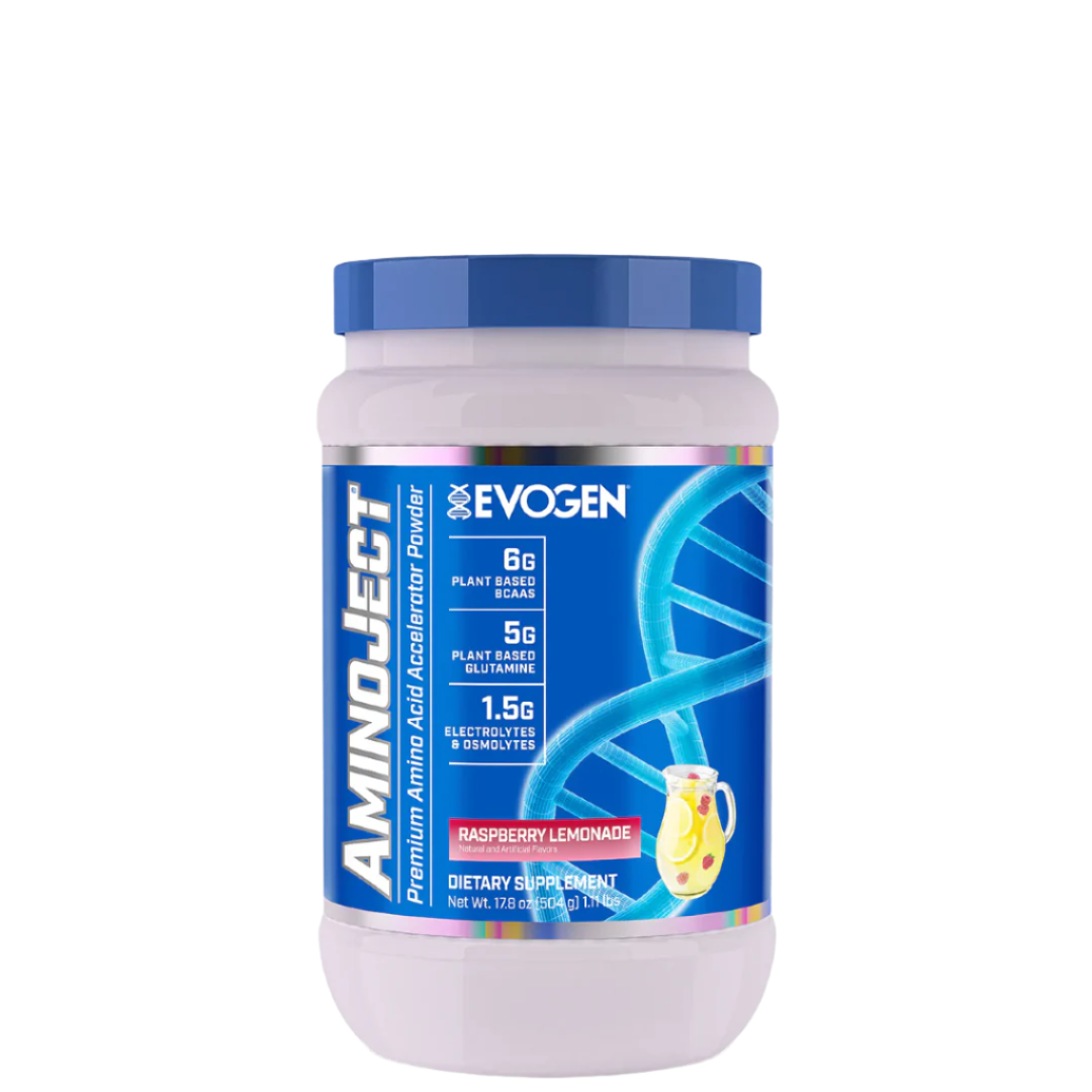A container of Evogen Nutrition AminoJect BCAA supplement with blue raspberry flavor, featuring a blue and white color scheme with branding and product information.