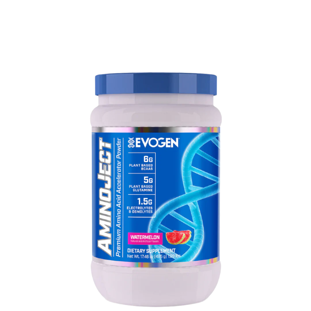 A container of Evogen Nutrition AminoJect BCAA supplement with blue raspberry flavor, featuring a blue and white color scheme with branding and product information.