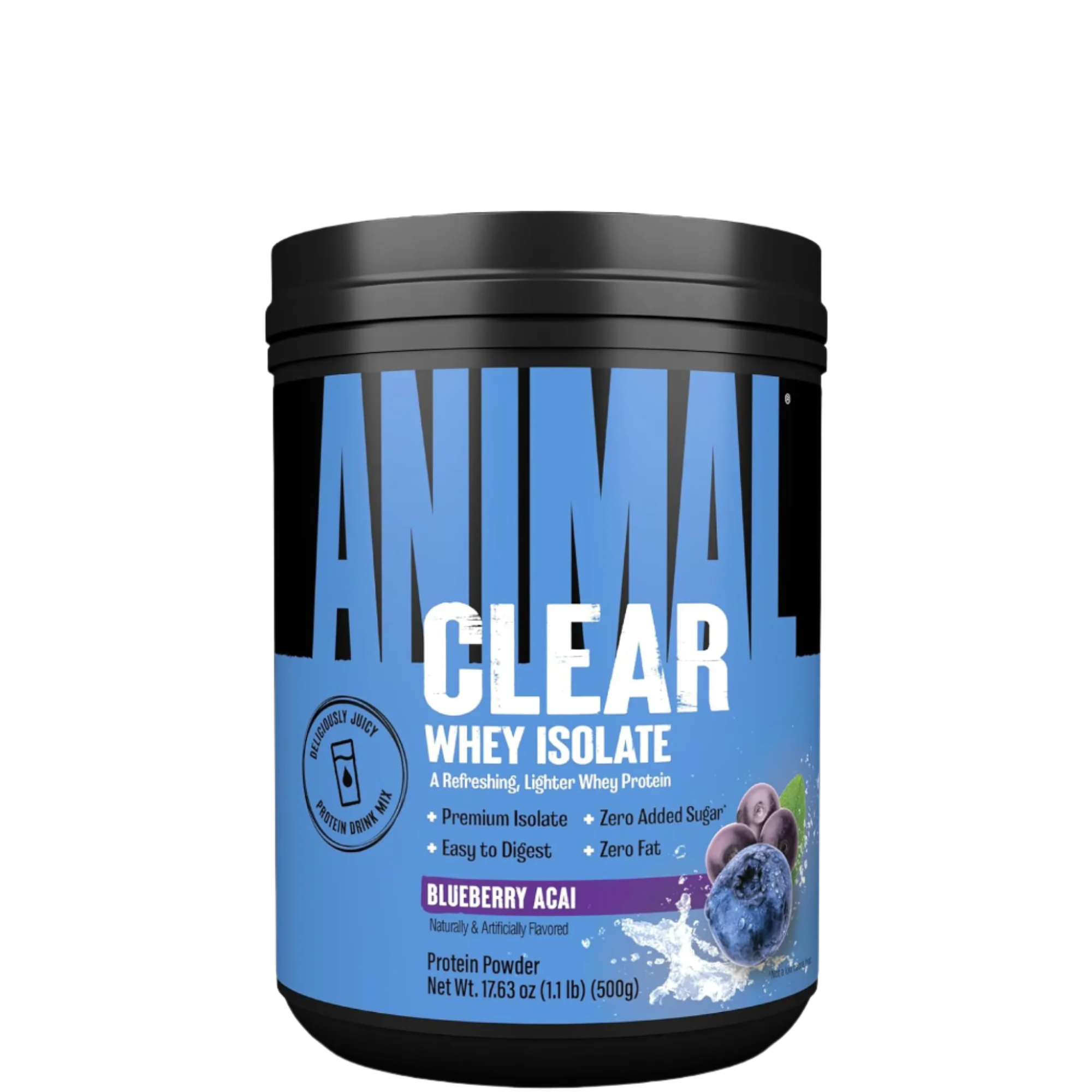 A container of Animal Clear Whey Isolate protein powder in watermelon flavor, with a pink label and image of a watermelon slice.