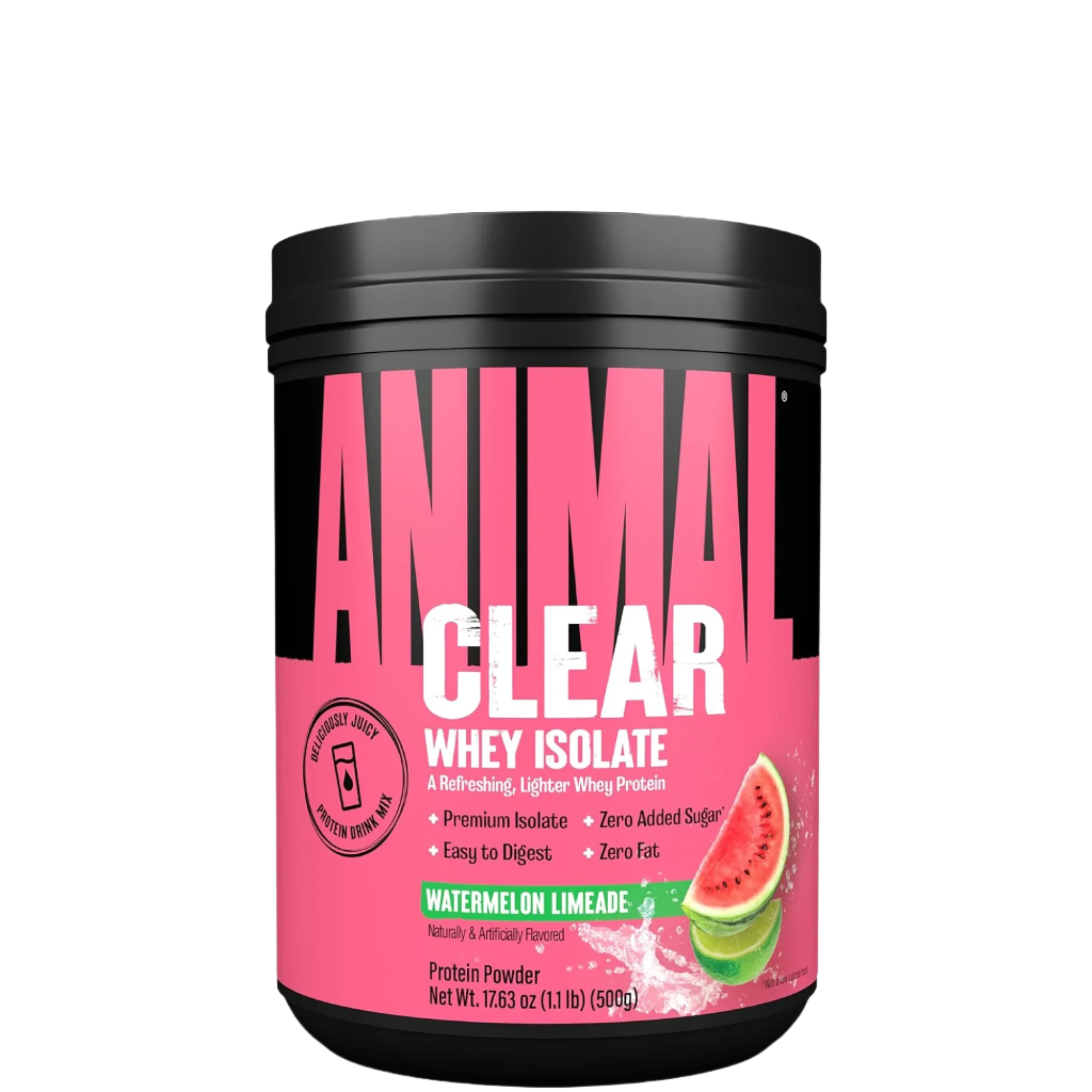 A container of Animal Clear Whey Isolate protein powder in watermelon flavor, with a pink label and image of a watermelon slice.