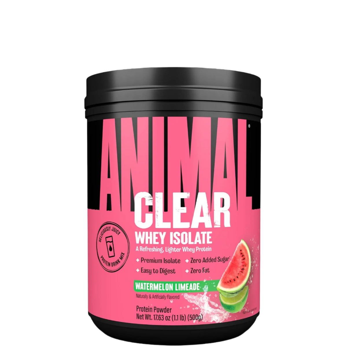 A container of Animal Clear Whey Isolate protein powder in watermelon flavor, with a pink label and image of a watermelon slice.