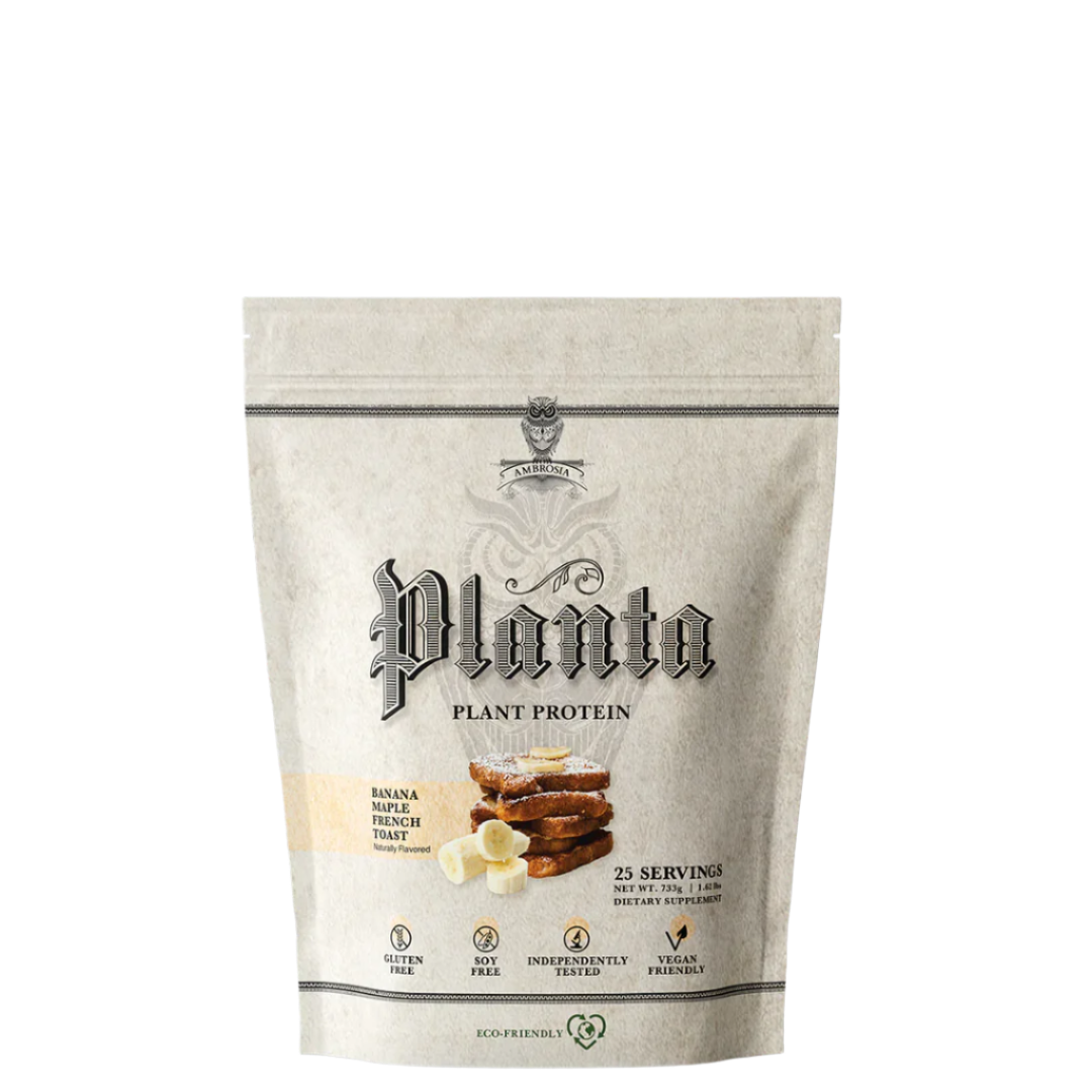 A package of Ambrosia Planta plant protein powder, featuring rice and pea protein, with gourmet flavors.