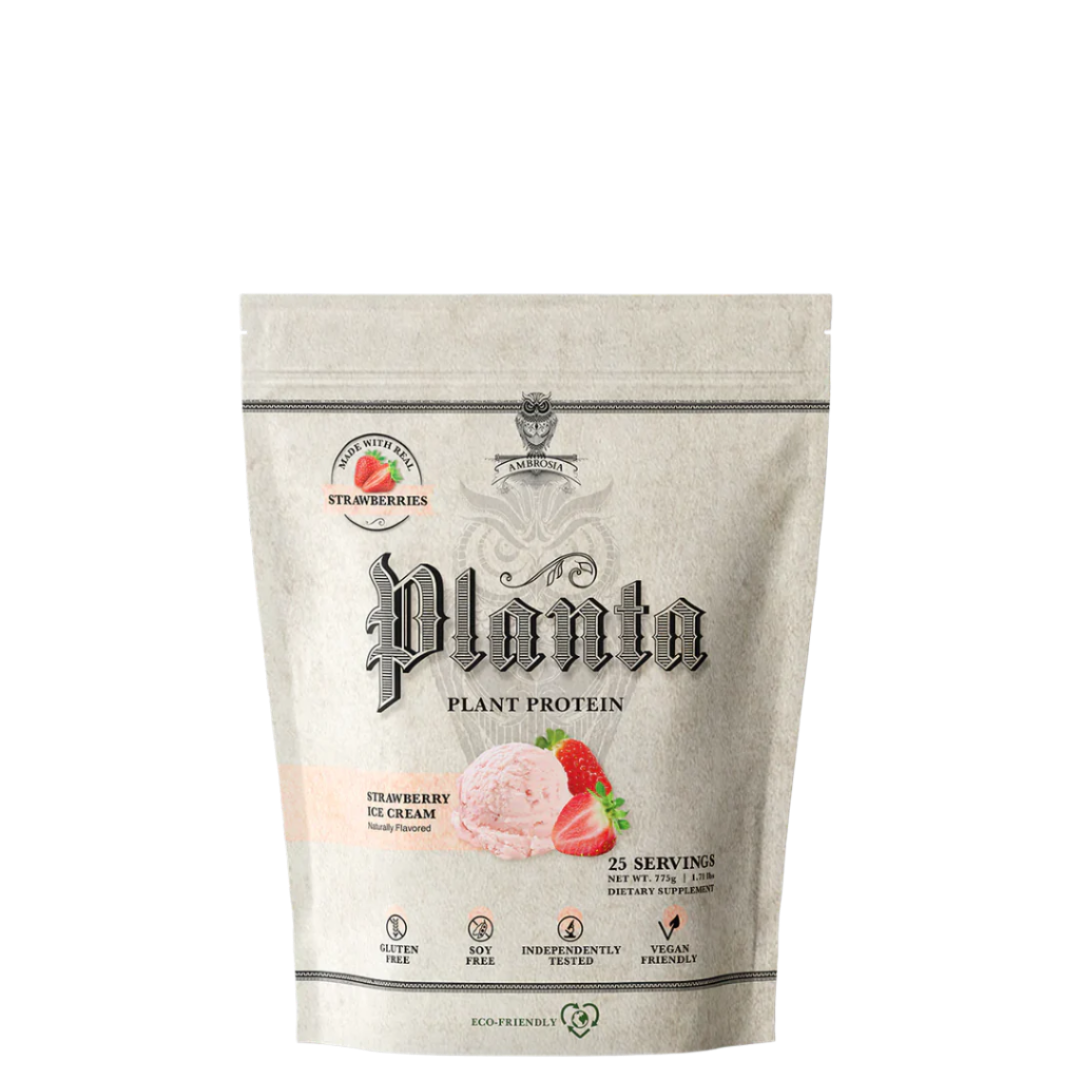 A package of Ambrosia Planta plant protein powder, featuring rice and pea protein, with gourmet flavors.