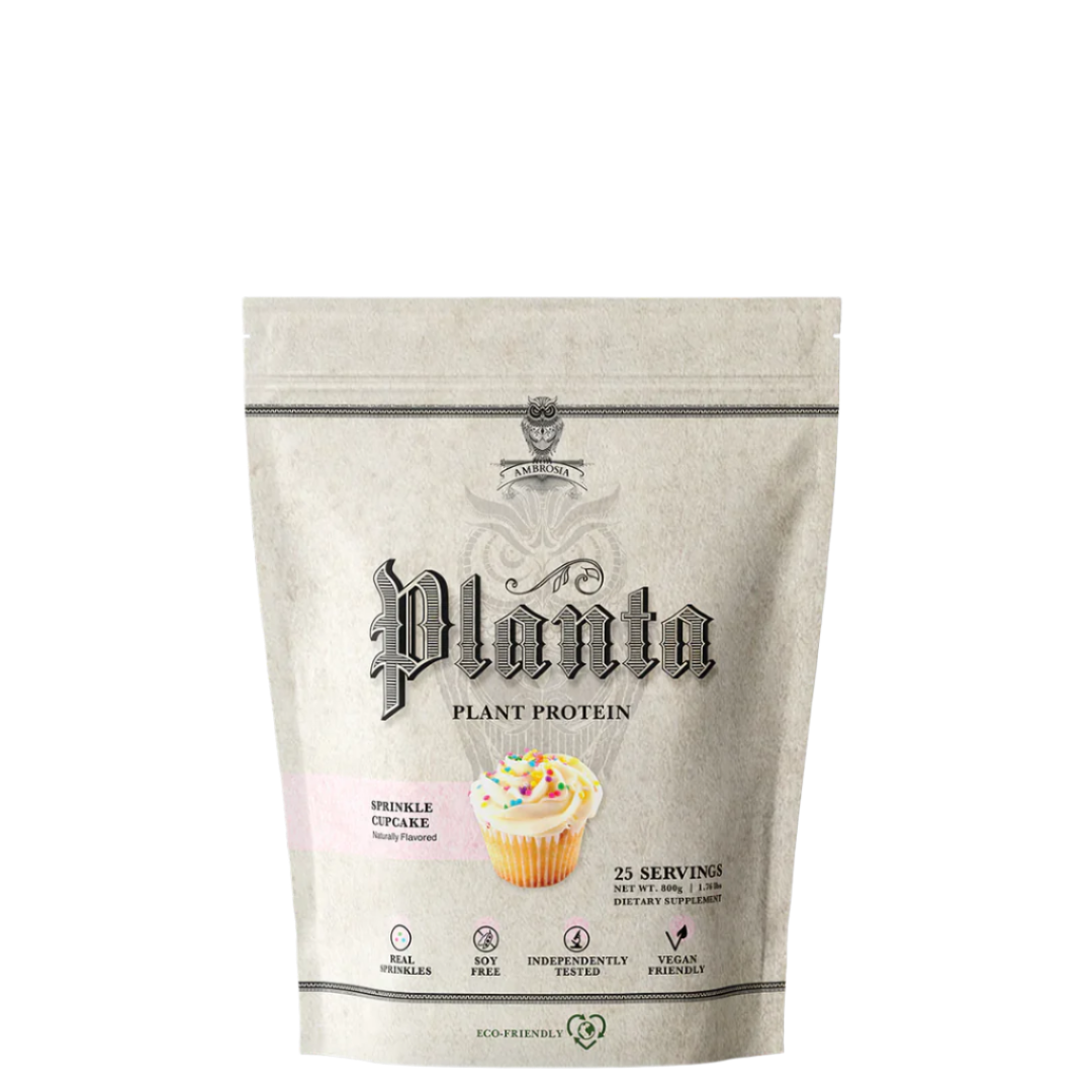 A package of Ambrosia Planta plant protein powder, featuring rice and pea protein, with gourmet flavors.