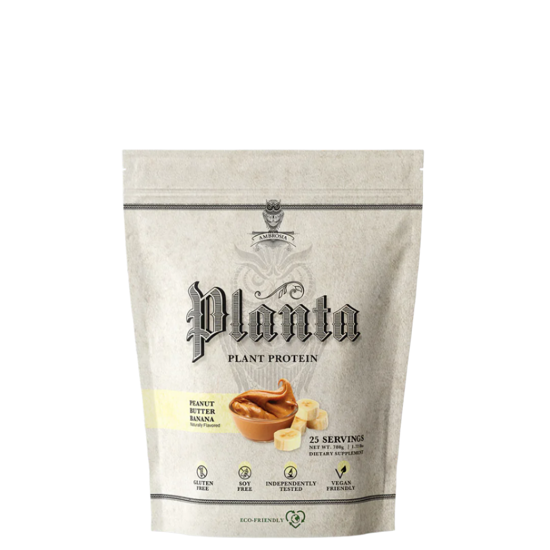 A package of Ambrosia Planta plant protein powder, featuring rice and pea protein, with gourmet flavors.