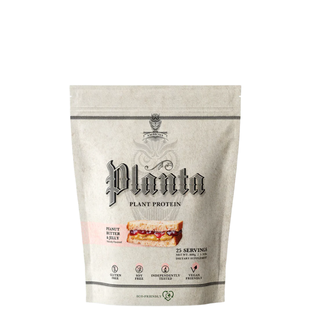 A package of Ambrosia Planta plant protein powder, featuring rice and pea protein, with gourmet flavors.