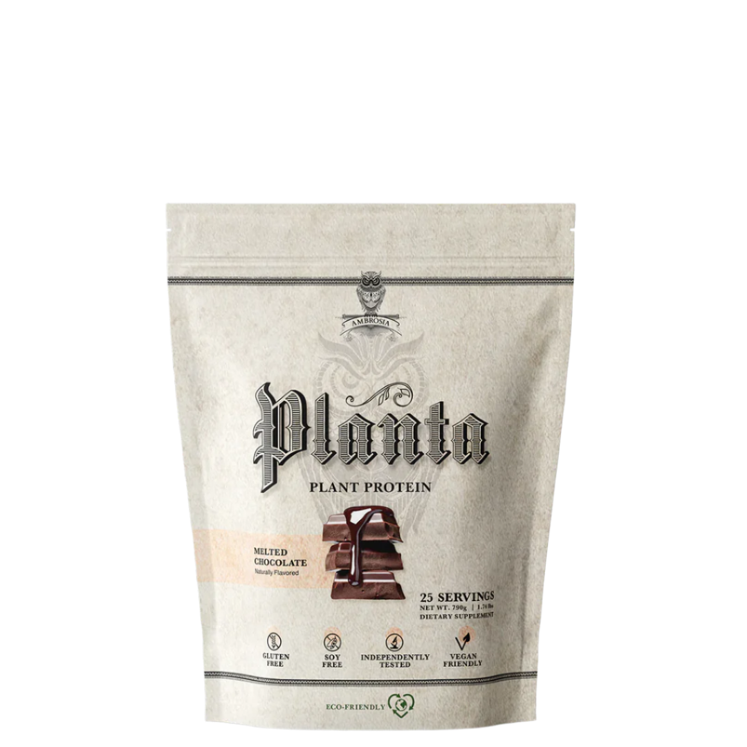 A package of Ambrosia Planta plant protein powder, featuring rice and pea protein, with gourmet flavors.