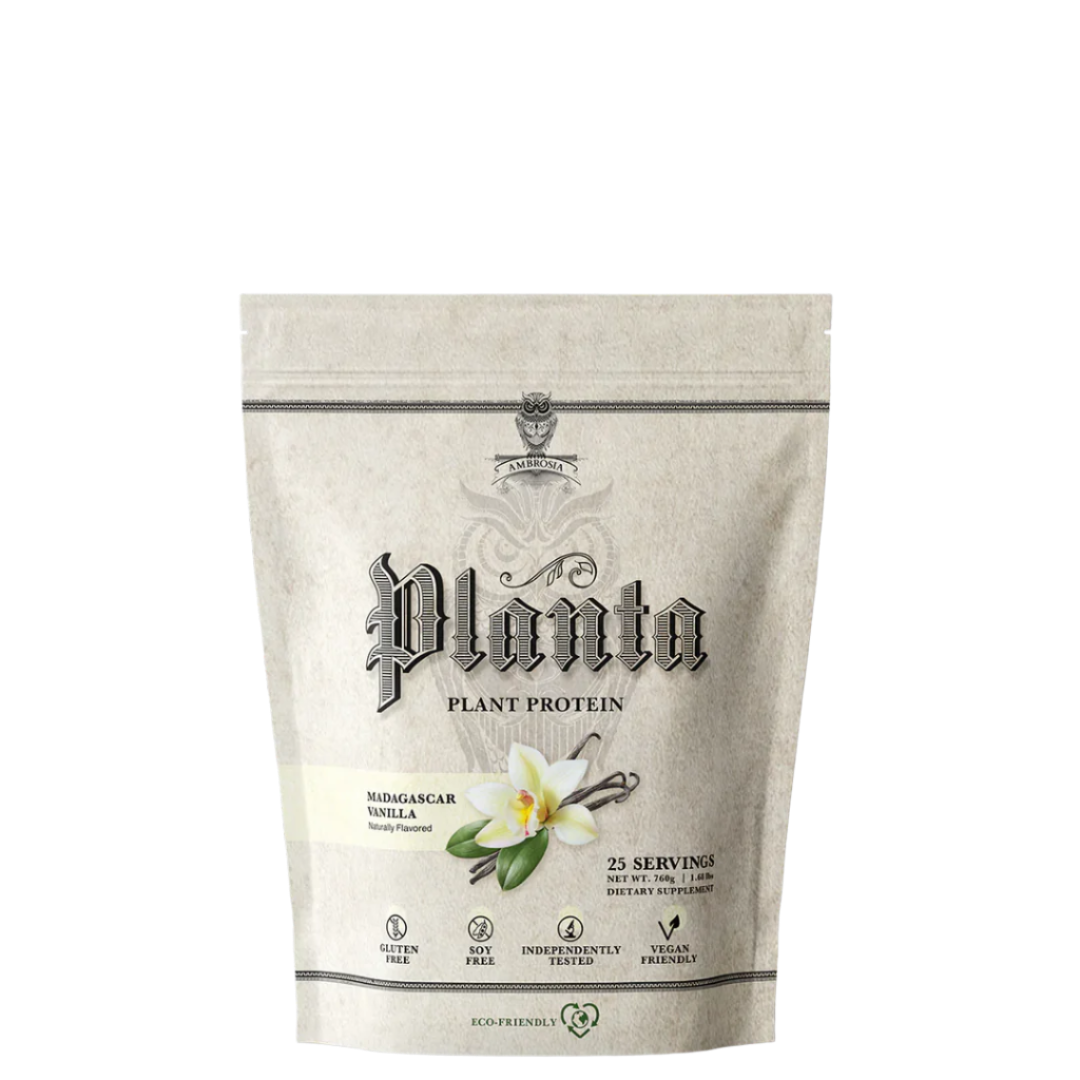 A package of Ambrosia Planta plant protein powder, featuring rice and pea protein, with gourmet flavors.