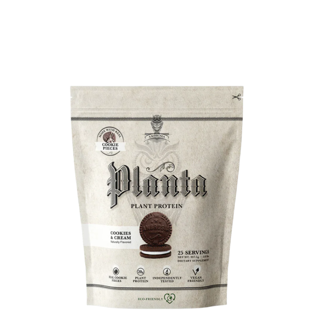 A package of Ambrosia Planta plant protein powder, featuring rice and pea protein, with gourmet flavors.