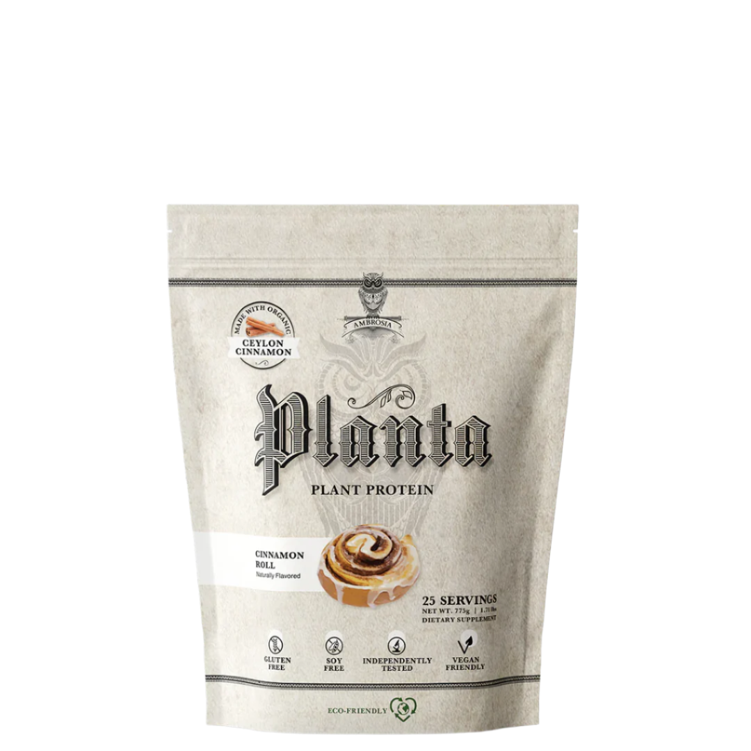 A package of Ambrosia Planta plant protein powder, featuring rice and pea protein, with gourmet flavors.