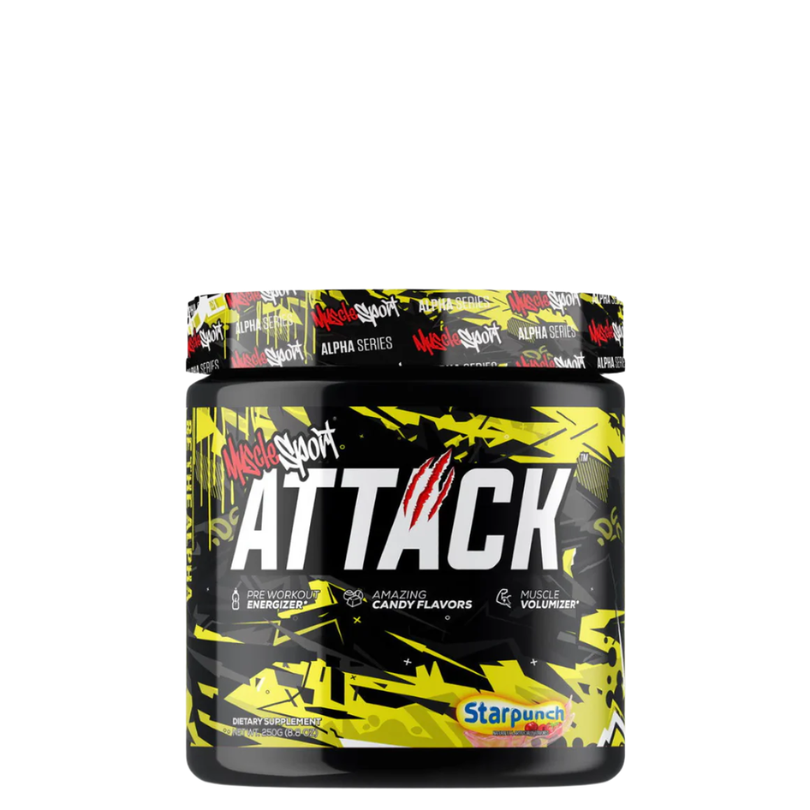 Container of Attack™ Pre-Workout supplement with a yellow and black design and the name 'Attack' written on the front.