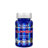 A bottle of Allmax Caffeine supplements with 100 tablets, each tablet containing 200 mg of caffeine.