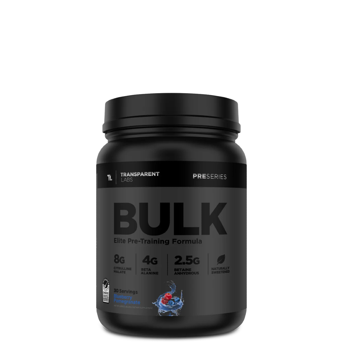 A black container of Transparent Labs Bulk Black pre-workout supplement with a label showing the product name and flavor, along with dietary information and stevia sweetening.