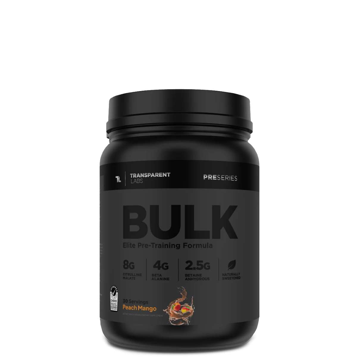 A black container of Transparent Labs Bulk Black pre-workout supplement with a label showing the product name and flavor, along with dietary information and stevia sweetening.
