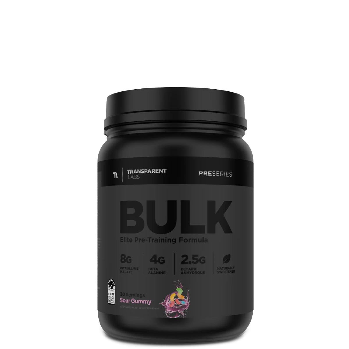 A black container of Transparent Labs Bulk Black pre-workout supplement with a label showing the product name and flavor, along with dietary information and stevia sweetening.