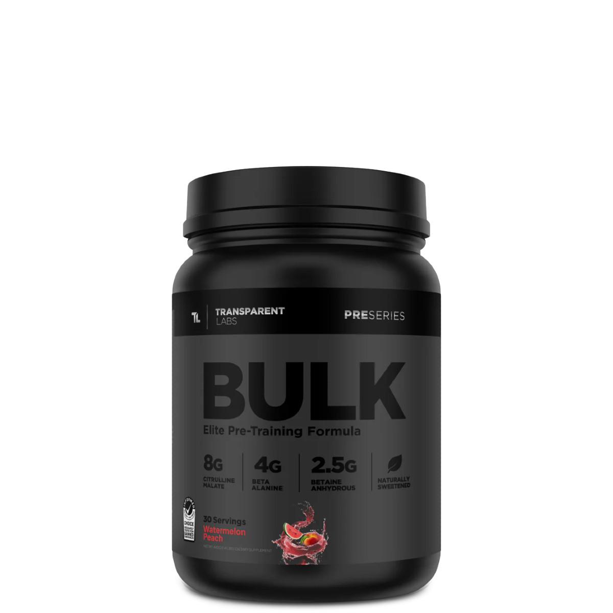 A black container of Transparent Labs Bulk Black pre-workout supplement with a label showing the product name and flavor, along with dietary information and stevia sweetening.