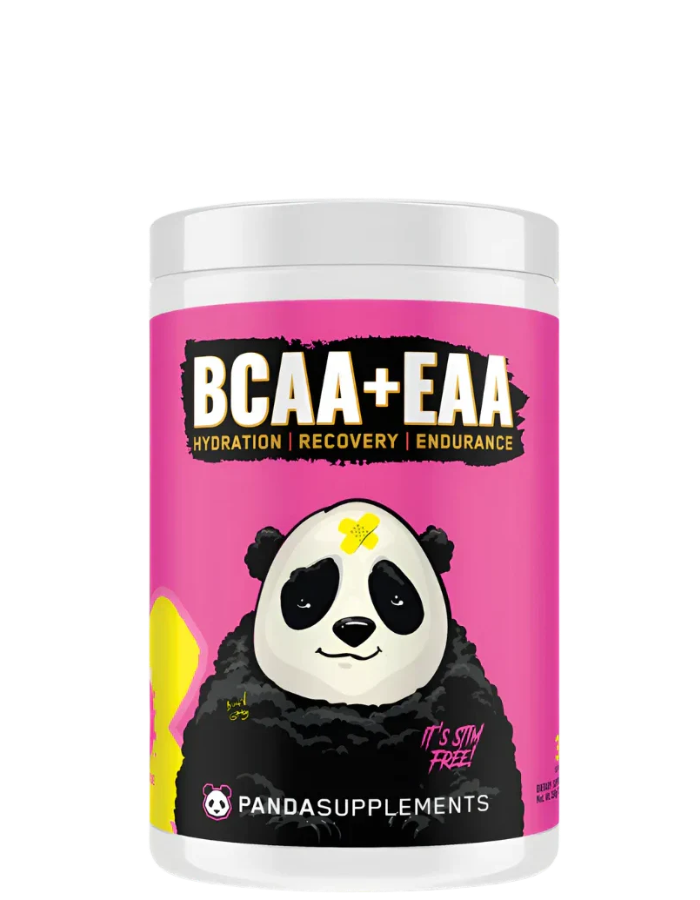 A container of Panda Supps BCAA + EAA + HYDRATION supplement powder with an illustration of a panda on the label.