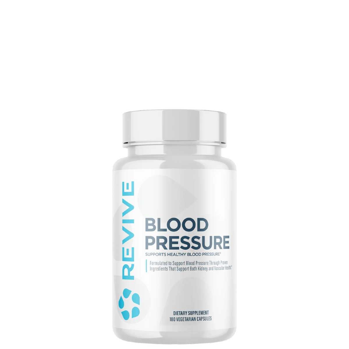 A bottle of Revive Blood Pressure supplement, which is designed to support healthy blood pressure levels and cardiovascular health.
