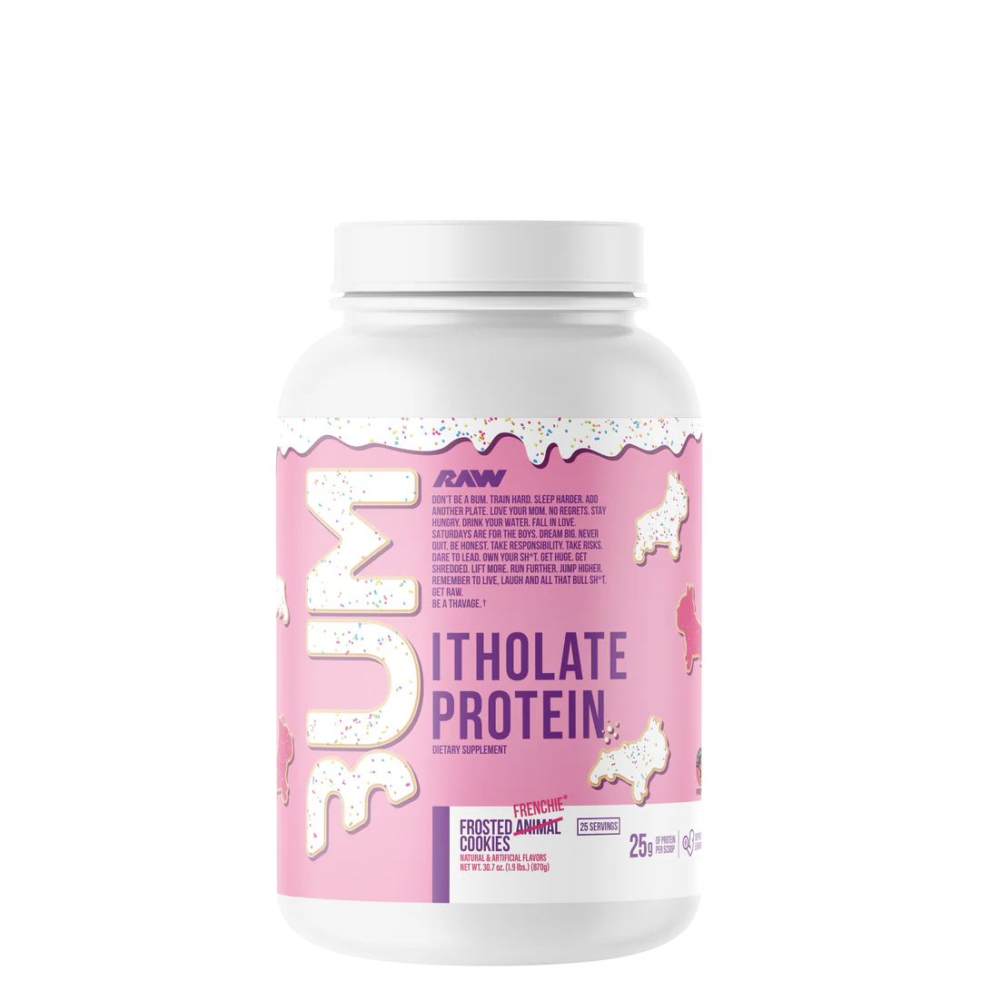A container of CBUM Itholate Protein powder with a colorful label featuring graphics and text.
