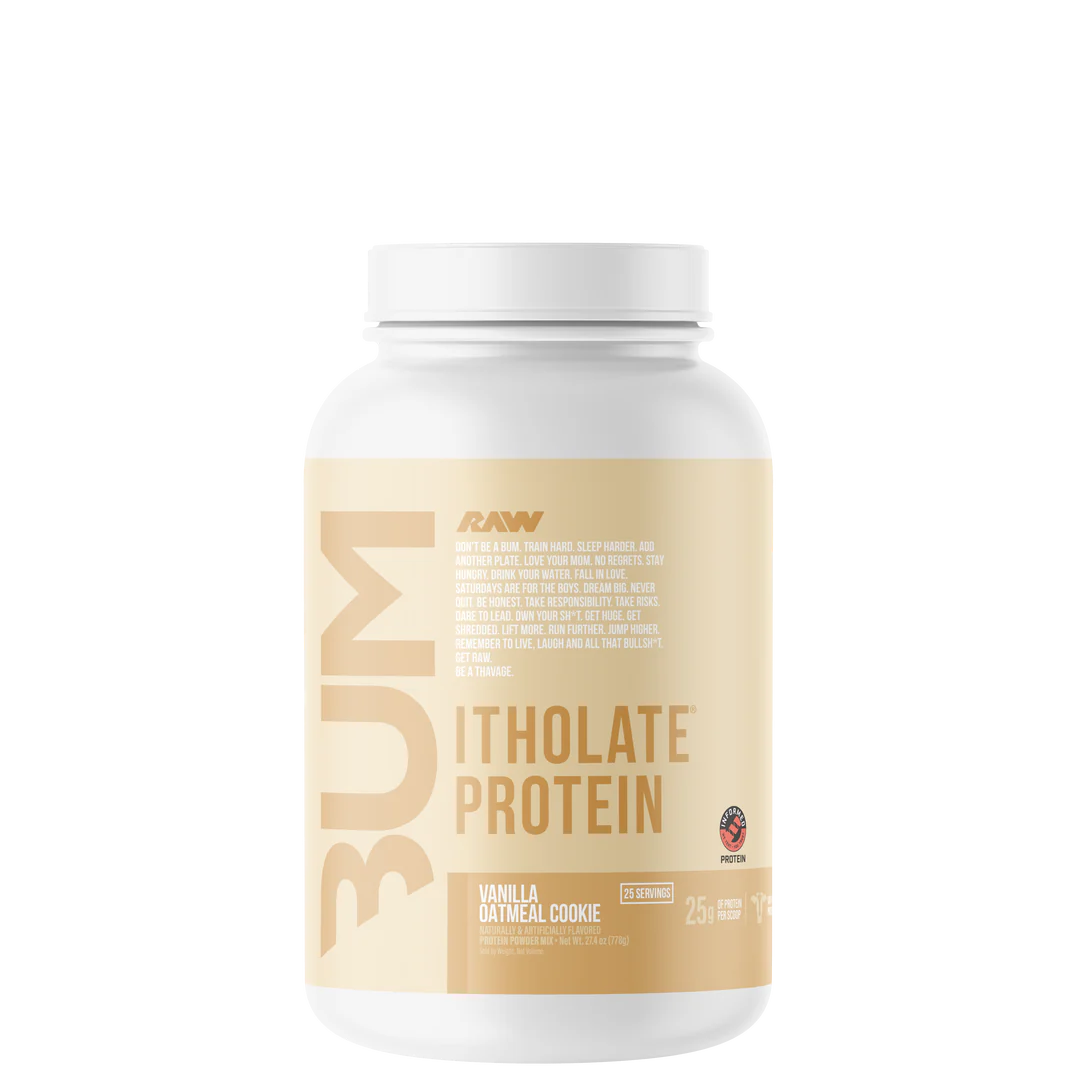 A container of CBUM Itholate Protein powder with a colorful label featuring graphics and text.