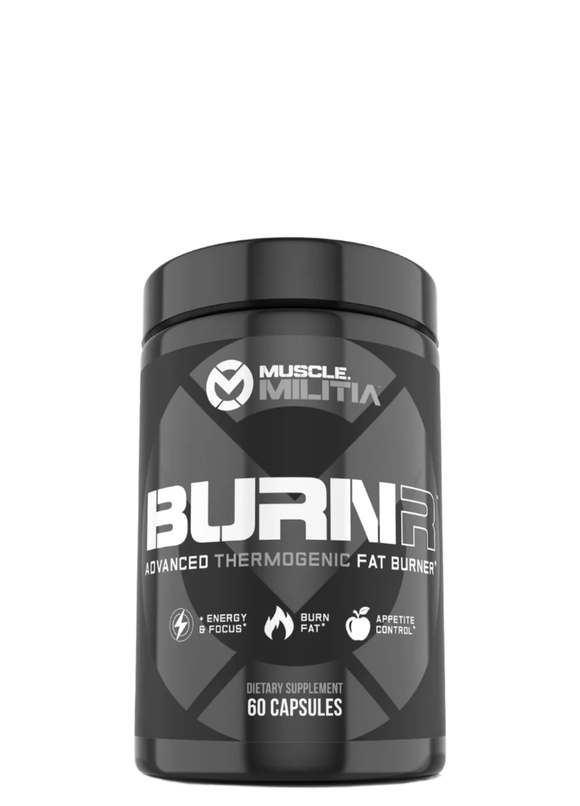 A container of Muscle Sport BURNR advanced thermogenic fat burner, which contains 60 capsules for weight loss and metabolic rate increase.